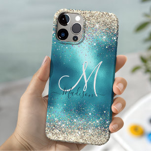Cute turquoise gold faux glitter monogram iPhone 11 pro case