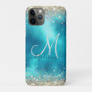 Cute turquoise gold faux glitter monogram iPhone 11 pro case