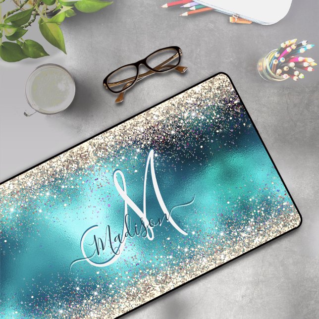 Cute turquoise gold faux glitter monogram desk mat (Creator Uploaded)