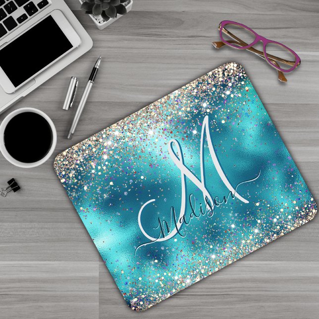 Cute turquoise gold faux glitter monogram mouse pad (Creator Uploaded)