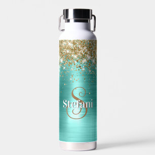 Cute Turquoise Gold Faux Glitter Monogram Water Bottle