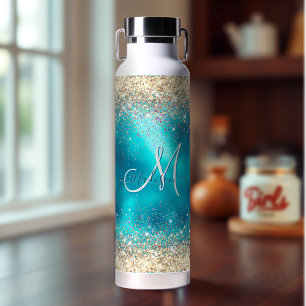 Cute turquoise gold faux glitter monogram water bottle