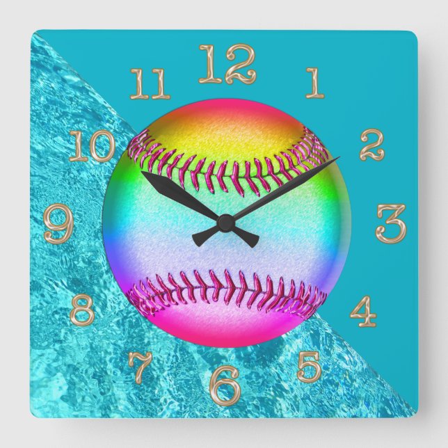 Cute Turquoise  Multicolored Softball Wall Clock (Front)