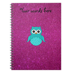Cute turquoise owl pink glitter notebook