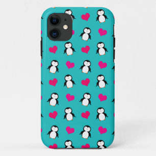 Cute turquoise penguin hearts pattern iPhone 11 case