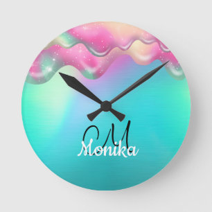 Cute Turquoise Pink Rainbow Dripping Galaxy Round Clock