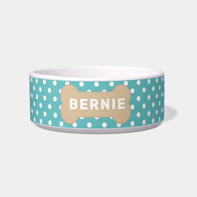 Cute Turquoise Polka Dots Dog Name Personalised Bowl (Front)