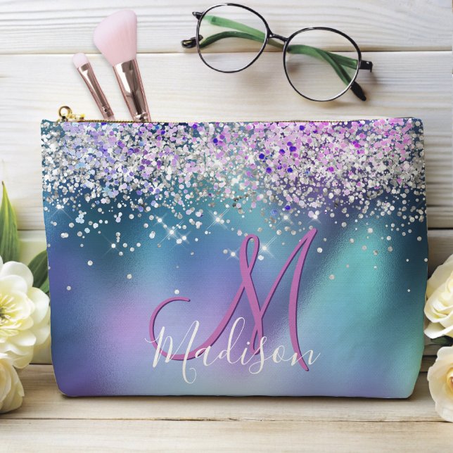 Cute turquoise purple faux glitter monogram accessory pouch (Creator Uploaded)