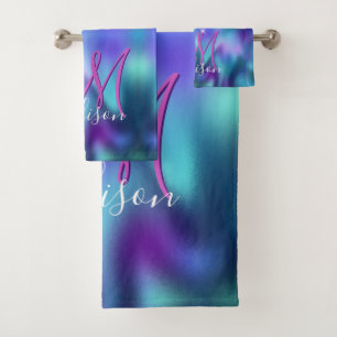 Cute turquoise purple faux glitter monogram bath towel set