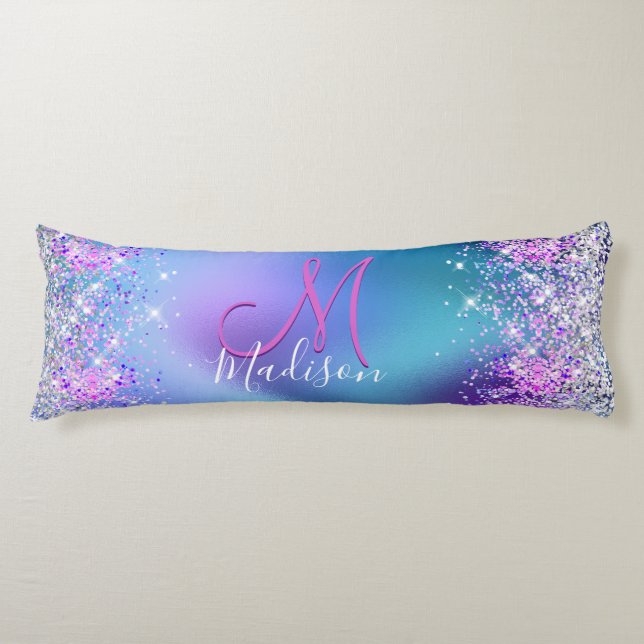Cute turquoise purple faux glitter monogram body cushion (Front)