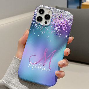 Cute turquoise purple faux glitter monogram iPhone 11 pro case