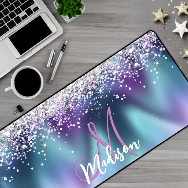 Cute turquoise purple faux glitter monogram desk mat (Creator Uploaded)