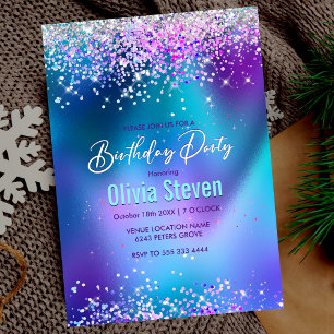 Cute turquoise purple faux glitter monogram invitation