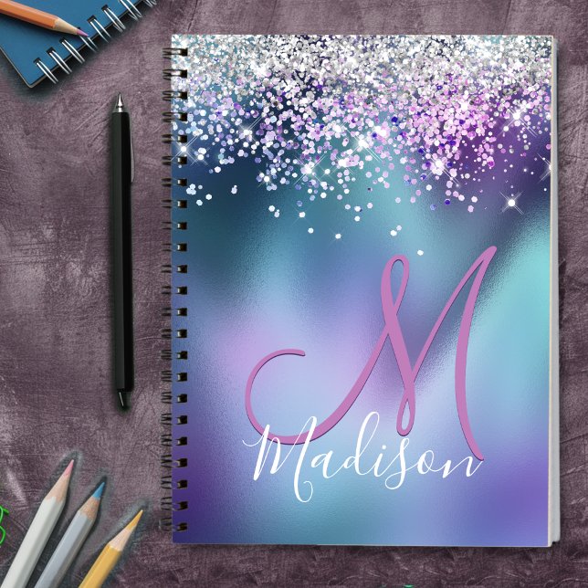 Cute turquoise purple faux glitter monogram notebook (Creator Uploaded)