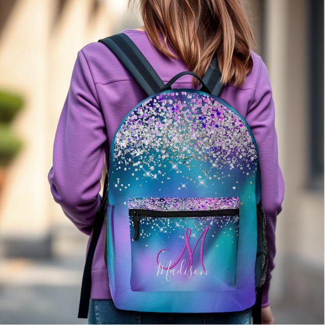 Cute turquoise purple faux glitter monogram printed backpack (Creator Uploaded)
