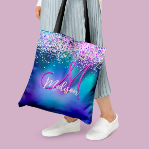 Cute turquoise purple faux glitter monogram tote bag