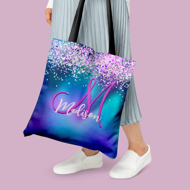 Cute turquoise purple faux glitter monogram tote bag (Creator Uploaded)