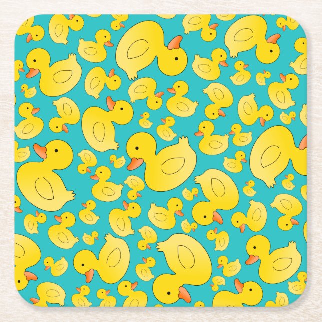 Cute turquoise rubber ducks square paper coaster (Front)