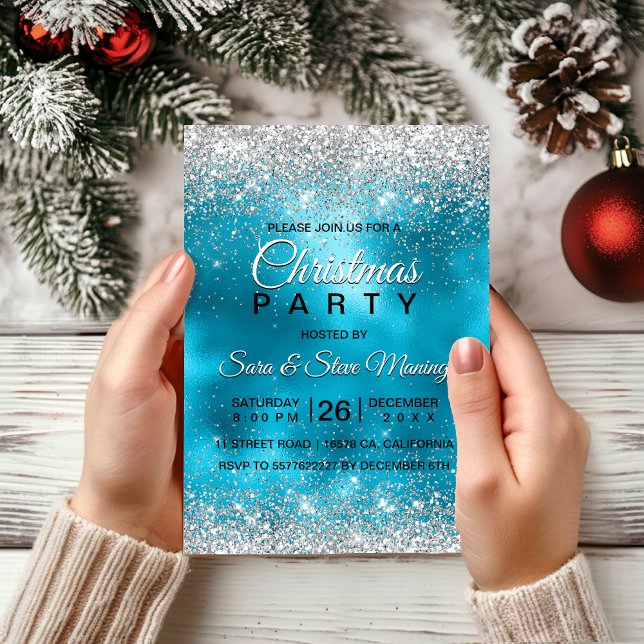 Cute turquoise silver faux glitter Christmas  Invitation (Creator Uploaded)