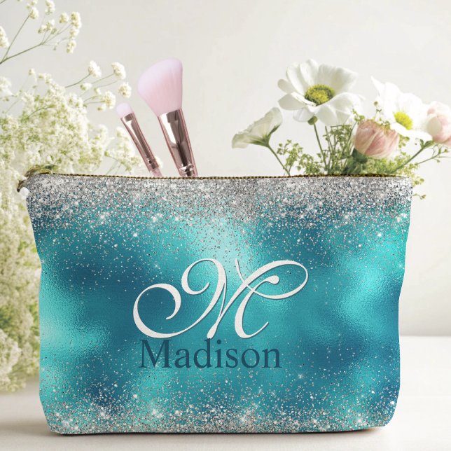 Cute turquoise silver faux glitter monogram accessory pouch (Creator Uploaded)