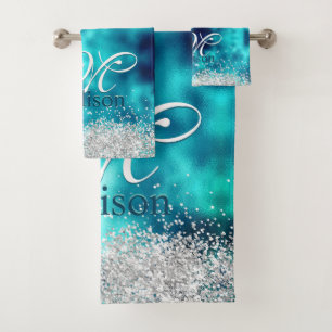 Cute turquoise silver faux glitter monogram bath towel set