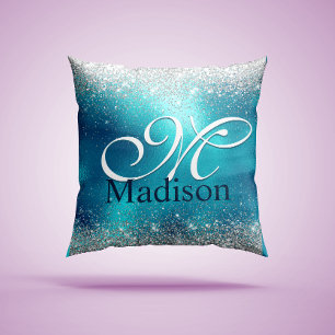 Cute turquoise silver faux glitter monogram cushion