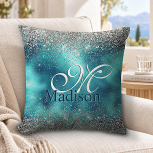 Cute turquoise silver faux glitter monogram cushion