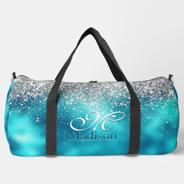 Cute turquoise silver faux glitter monogram duffle bag (Front)