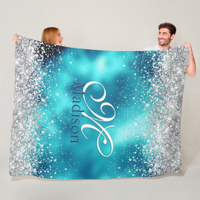 Cute turquoise silver faux glitter monogram fleece blanket (In Situ)