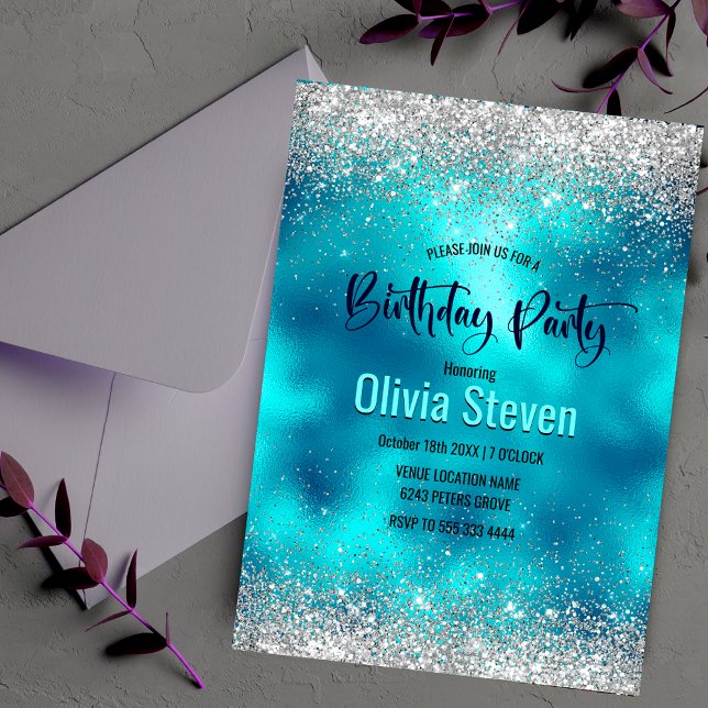 Cute turquoise silver faux glitter monogram invitation (Creator Uploaded)