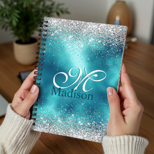 Cute turquoise silver faux glitter monogram planner