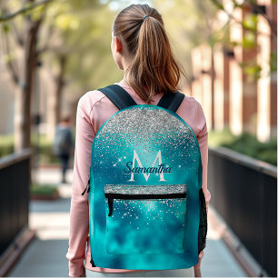 Cute turquoise silver faux glitter monogram printed backpack