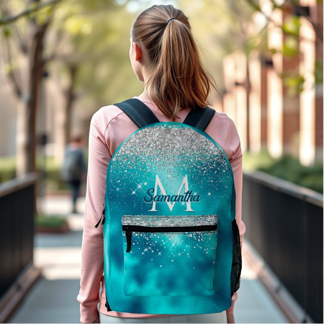 Cute turquoise silver faux glitter monogram printed backpack (Creator Uploaded)