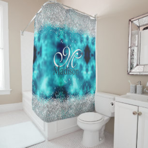 Cute turquoise silver faux glitter monogram shower curtain