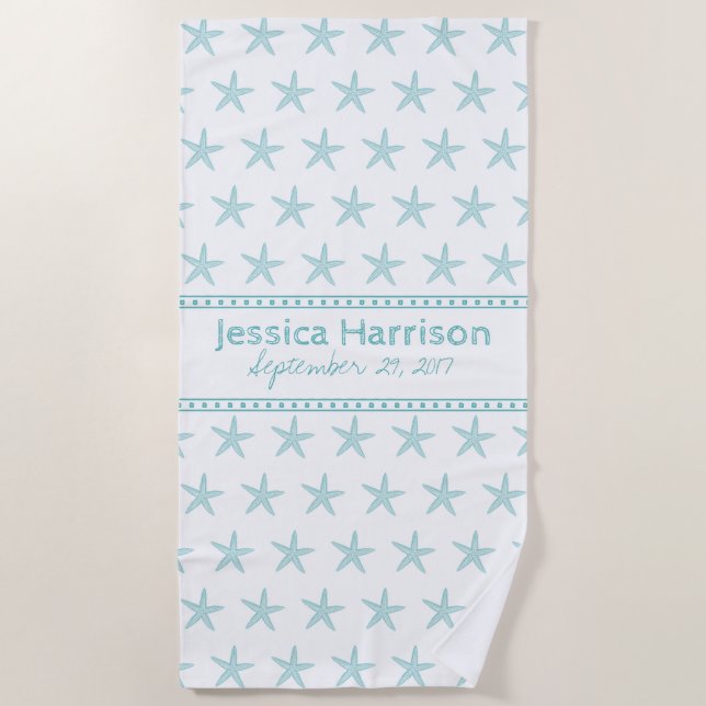Cute Turquoise Starfish Custom Beach Towel (Front)