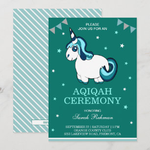 Cute Turquoise Unicorn Baby Girl Aqiqah Invitation