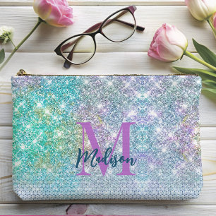 Cute Turquoise unicorn faux glitter monogram Accessory Pouch