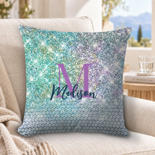 Cute Turquoise unicorn faux glitter monogram Cushion