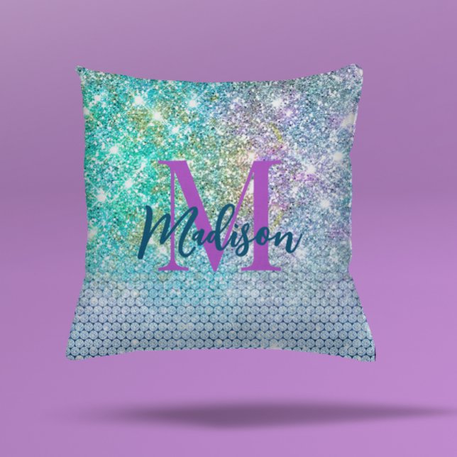 Cute Turquoise unicorn faux glitter monogram Cushion (Creator Uploaded)