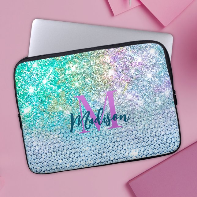Cute Turquoise unicorn faux glitter monogram Laptop Sleeve (Creator Uploaded)