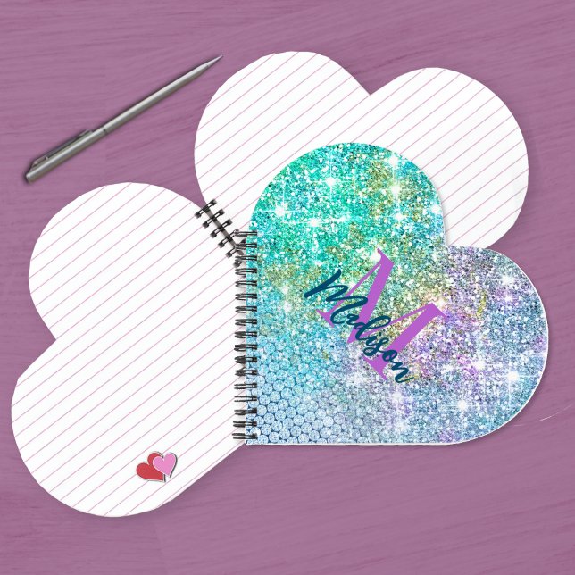 Cute Turquoise unicorn faux glitter monogram Noteb Notebook (Creator Uploaded)