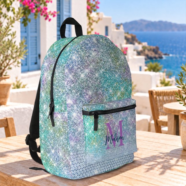 Cute Turquoise unicorn faux glitter monogram Printed Backpack (Creator Uploaded)