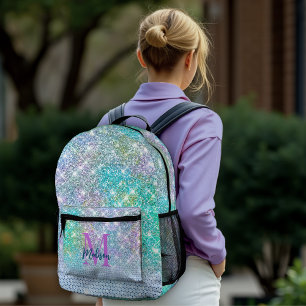 Cute Turquoise unicorn faux glitter monogram Printed Backpack