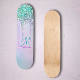 Cute Turquoise Unicorn Rainbow Glitter Drips Skateboard