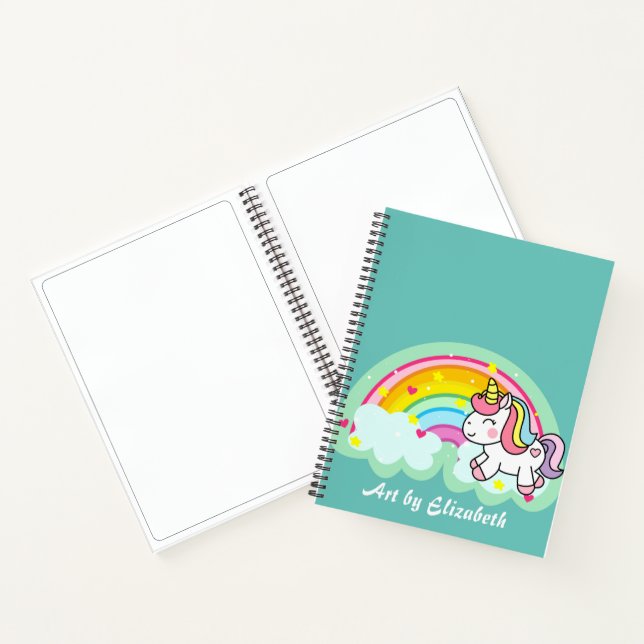 Cute Turquoise Unicorn Rainbow Name Sketch  Notebook (Inside)