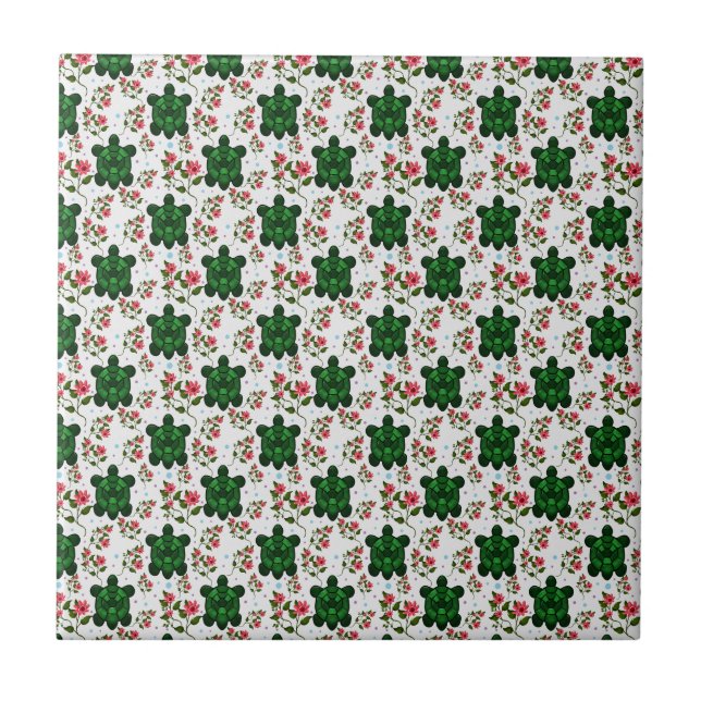 Cute Turtle and Floral Seamless Pattern  Ceramic Tile (Front)