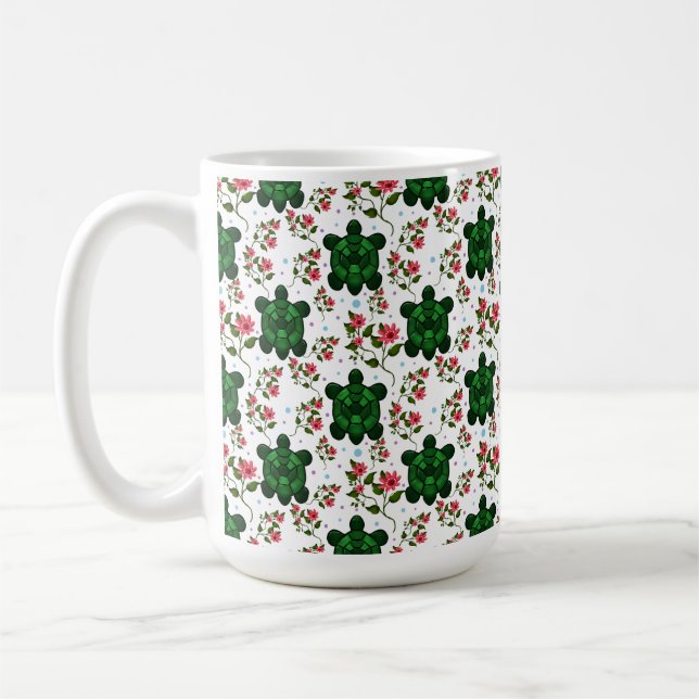 Cute Turtle and Floral Seamless Pattern  Coffee Mug (Left)