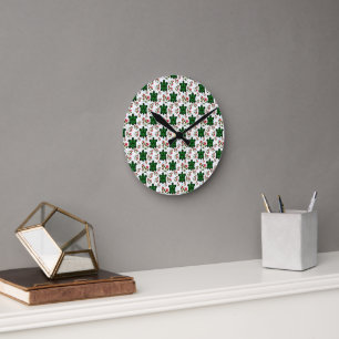 Cute Turtle and Floral Seamless Pattern Round Clock