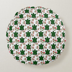 Cute Turtle and Floral Seamless Pattern Round Cushion
