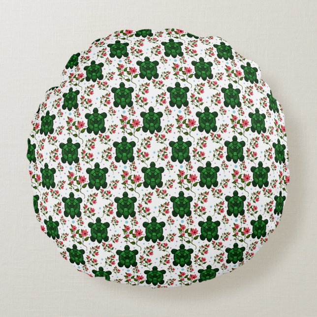Cute Turtle and Floral Seamless Pattern  Round Cushion (Front)